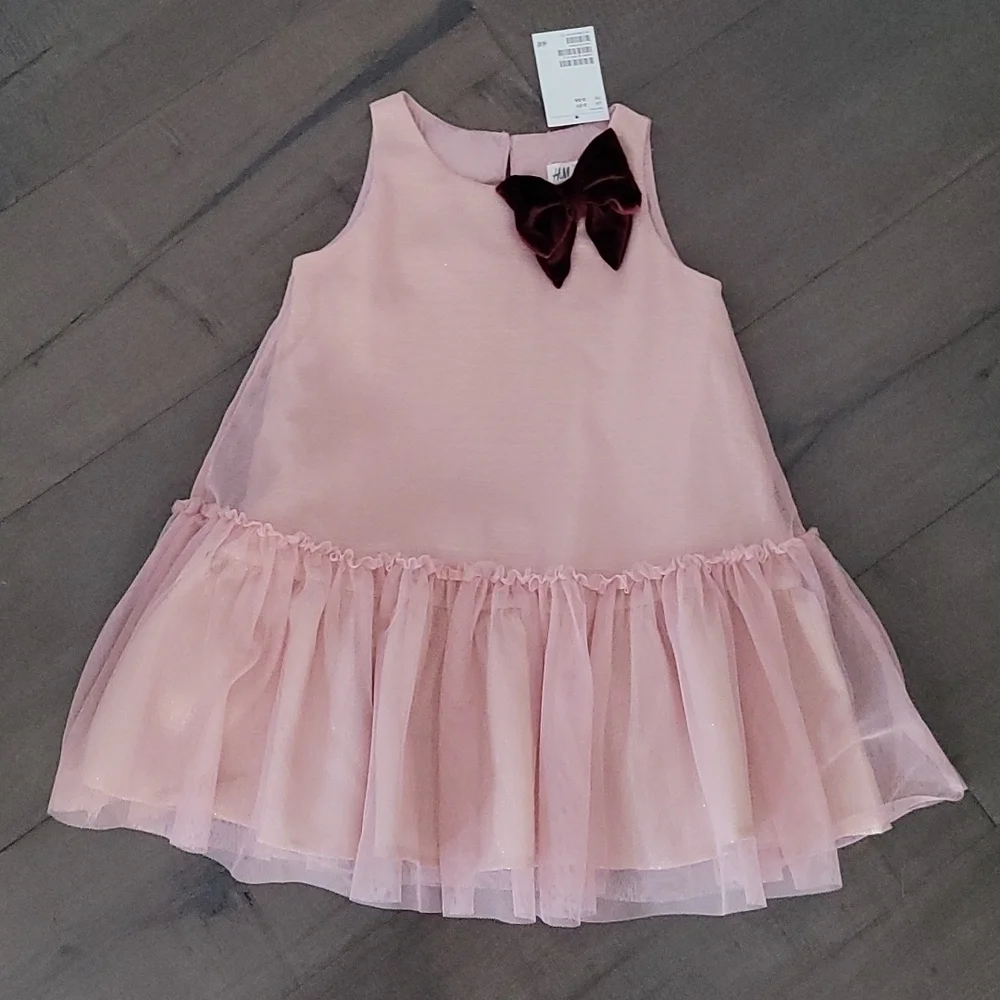 NWT Drop Waist Metallic Tulle Bow Dress Pink 2-3y
